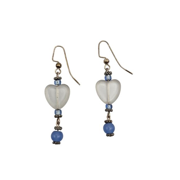 Women's Fashion Jewelry Clear Heart Shaped Blue Beaded Dangle Drop Hook Earrings - Picture 4 of 11